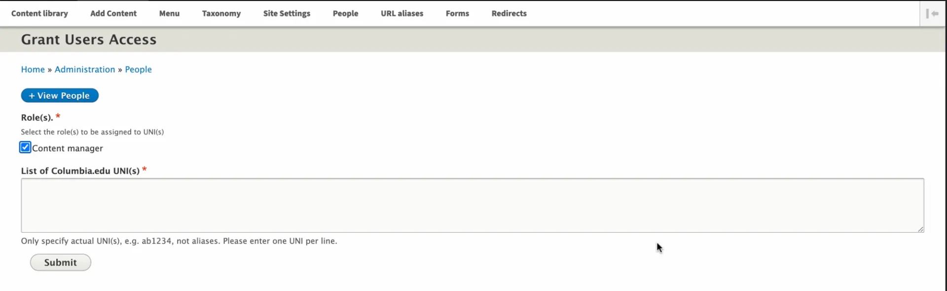 Text displaying grant user access on the backend of Columbia Sites website page