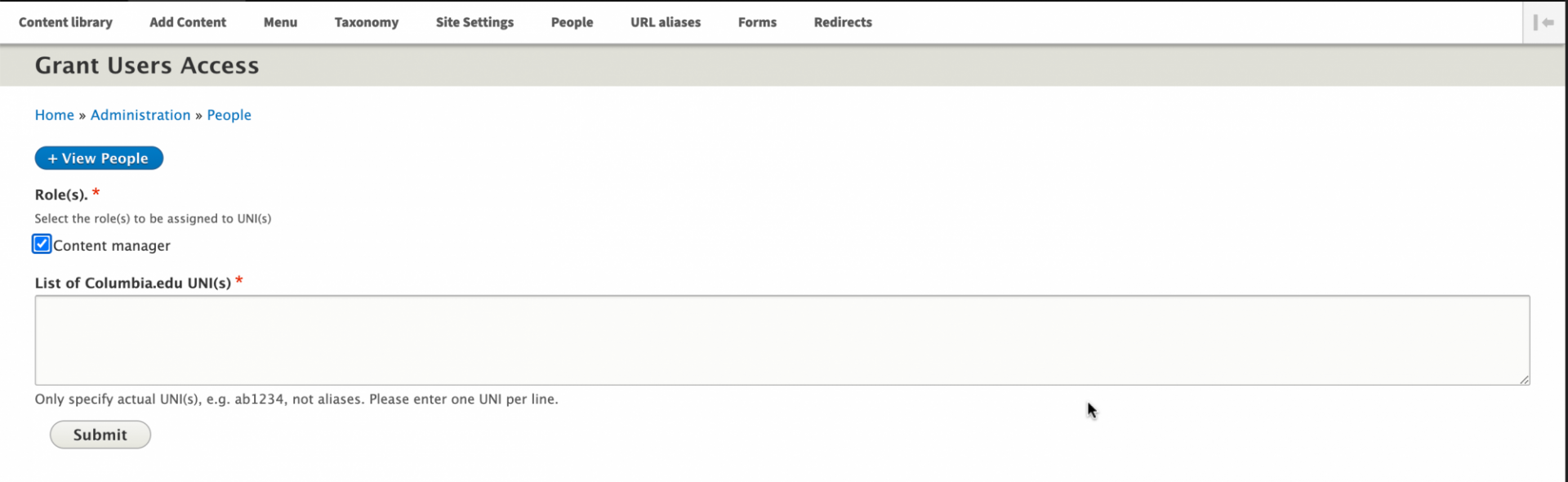 Text displaying grant user access on the backend of Columbia Sites website page