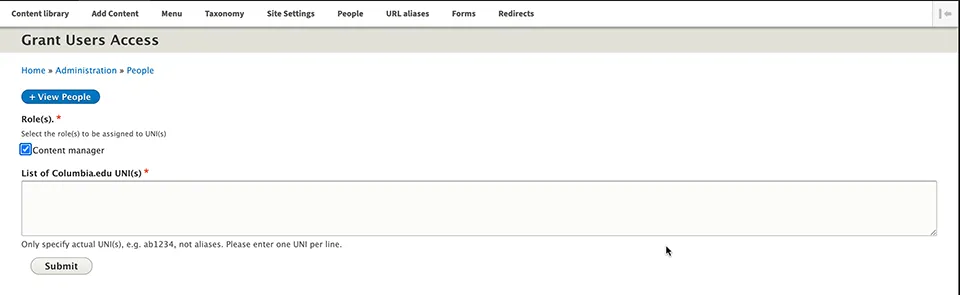 Grant Users Access text displays screen for addition of UNI details 