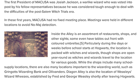 A brick wall opens up to reveal a Harry Potter character while text wraps around the image.