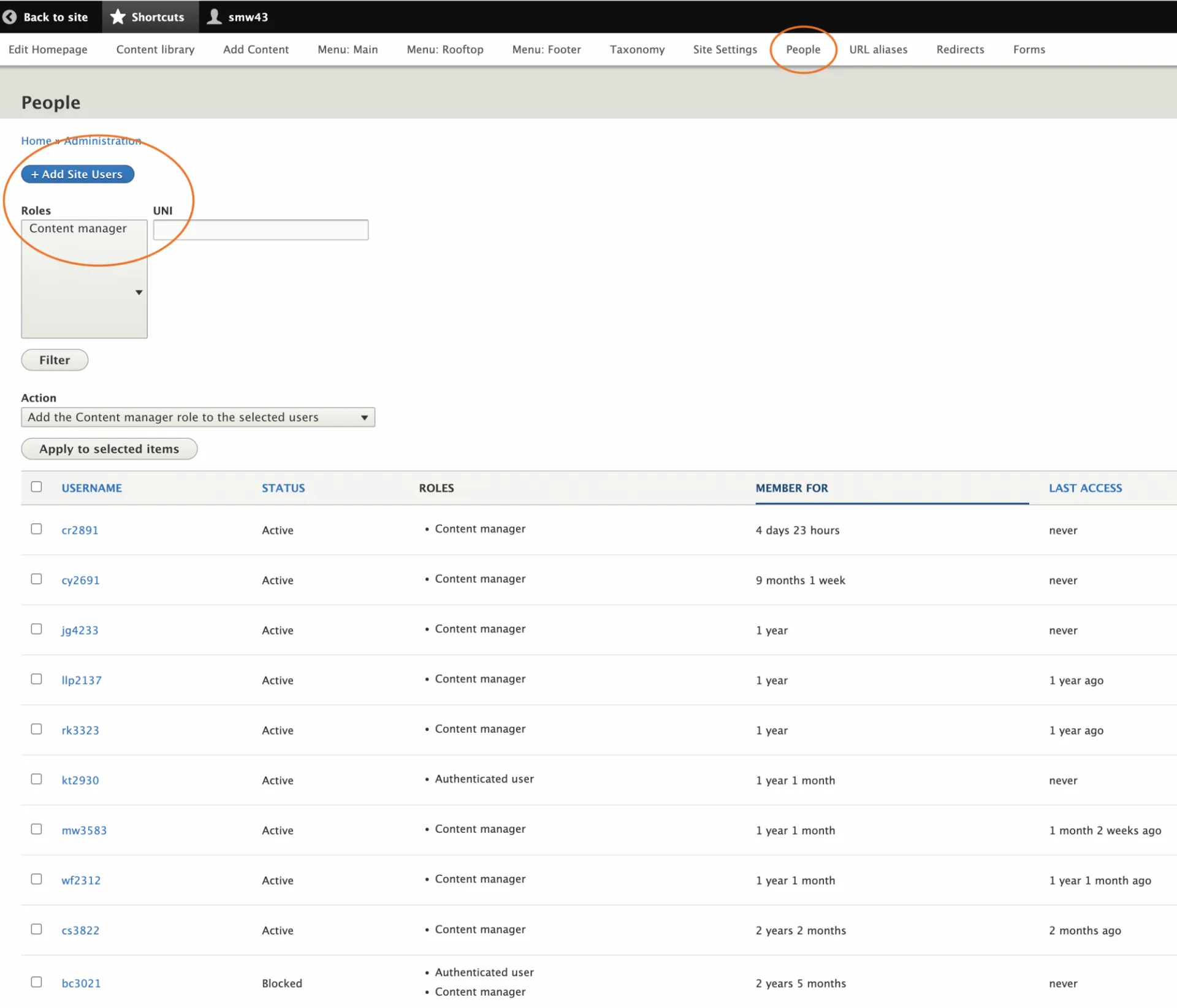 Screen grab of People page showing list of users by UNI, status and assigned roles, and last log in