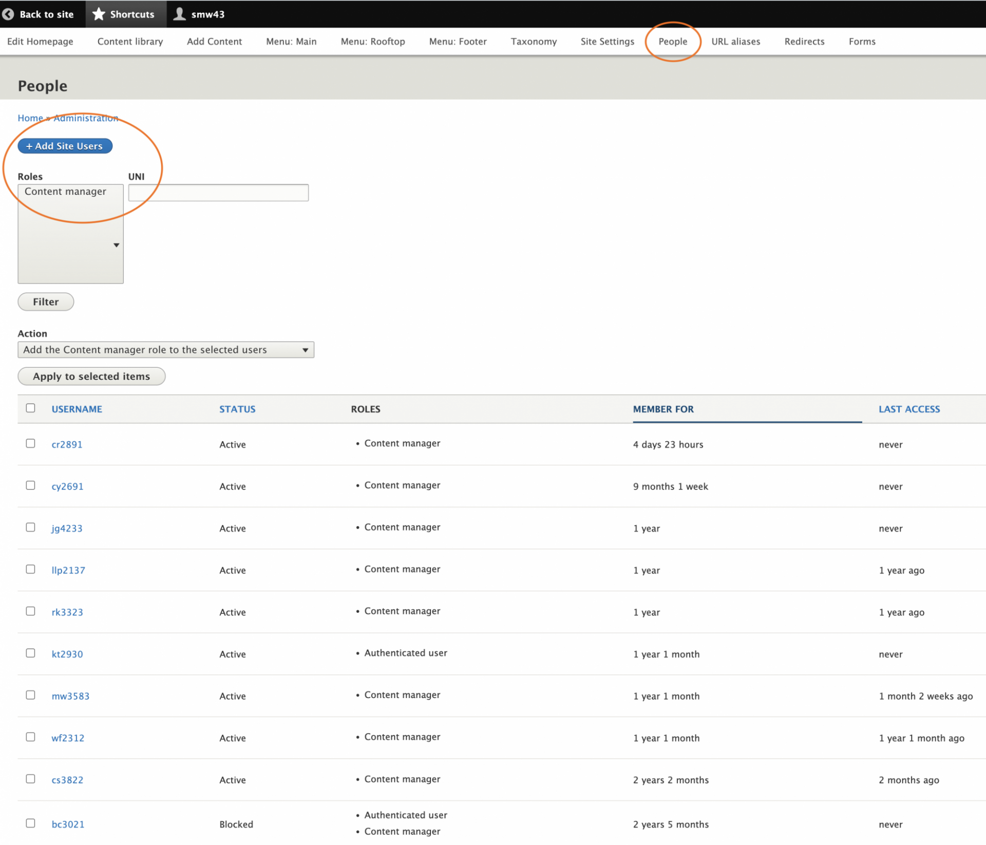 Screen grab of People page showing list of users by UNI, status and assigned roles, and last log in