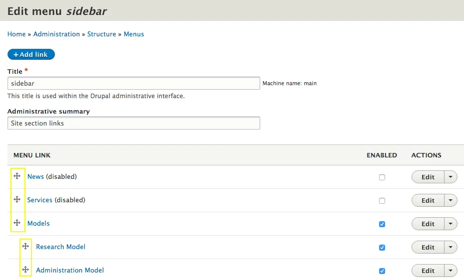 Screen grab of Edit Menu page