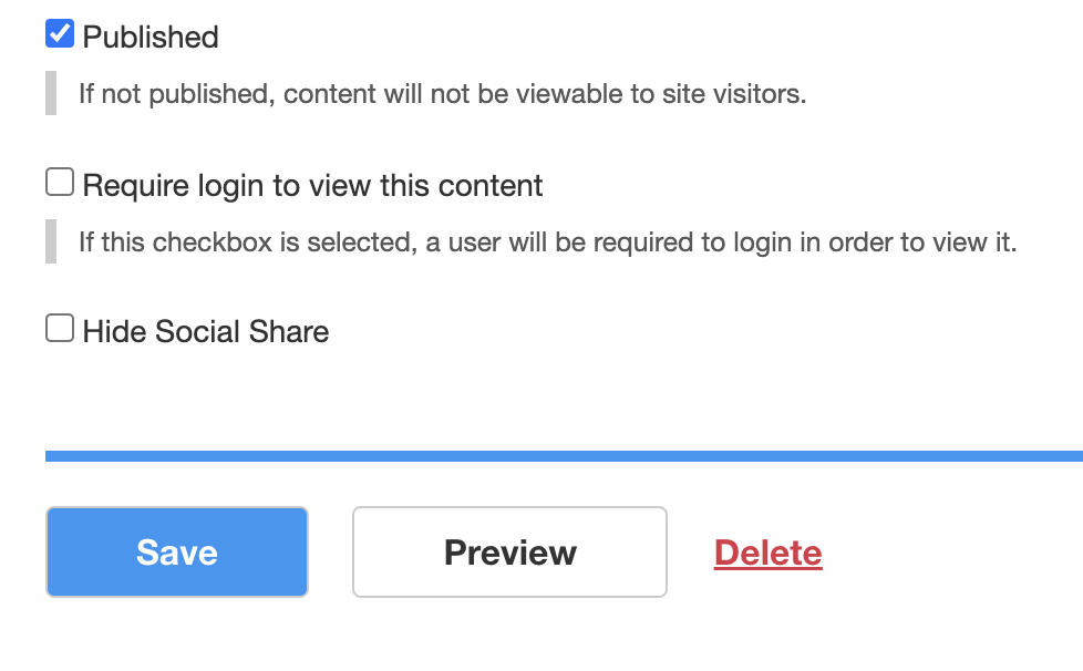 "Published" box checked, with "Save" page as default behavior