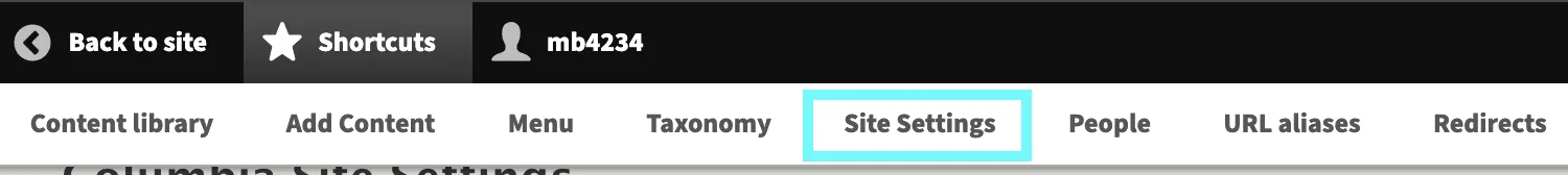 Text displaying Site Settings option within Columbia Sites navigation bar. 