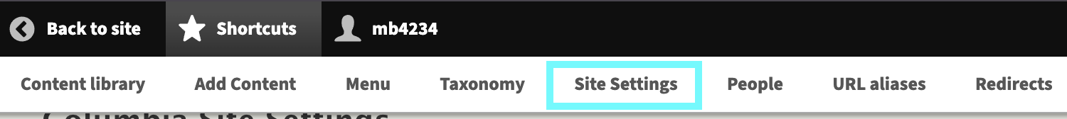 Text displaying Site Settings option within Columbia Sites navigation bar.