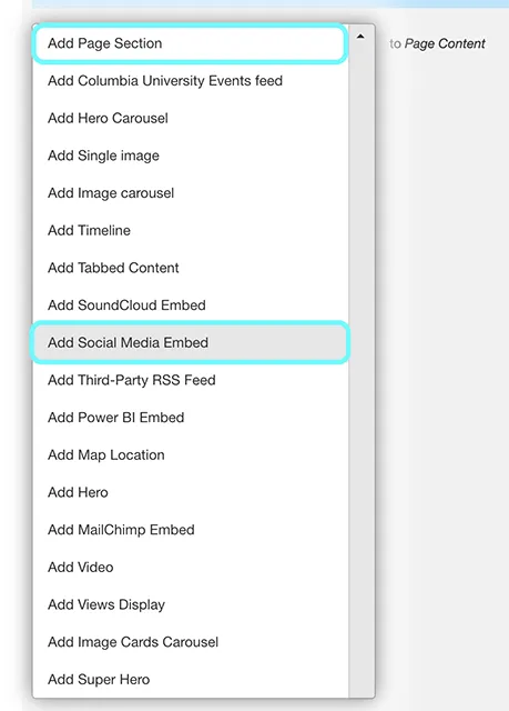 text illustrating the options to add page section and a social media embed