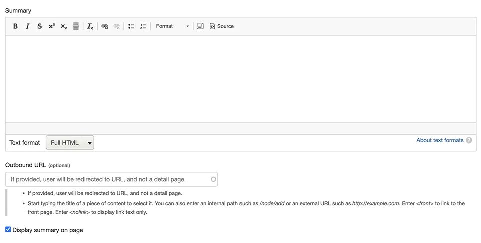 text displaying summary field and outbound url fields 