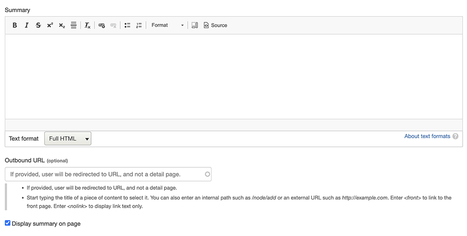 text displaying summary field and outbound url fields