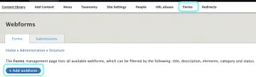 Text highlighting Adding Content and Webform