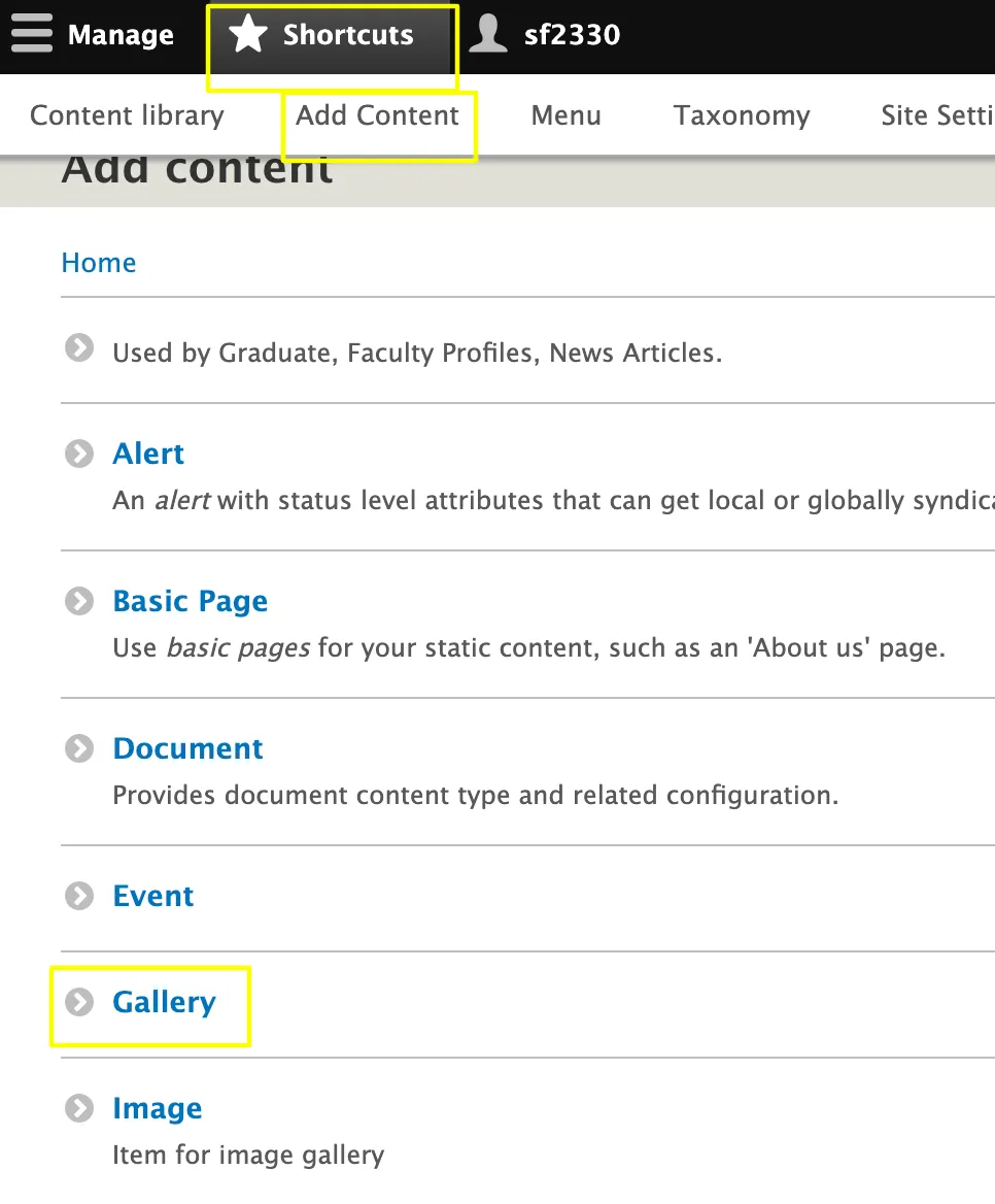 Go to: Shortcuts > Add Content > Gallery