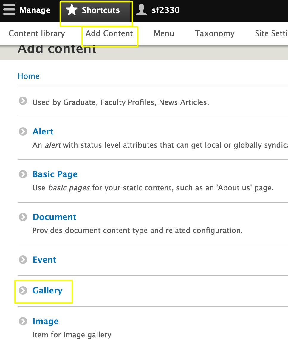 Go to: Shortcuts > Add Content > Gallery