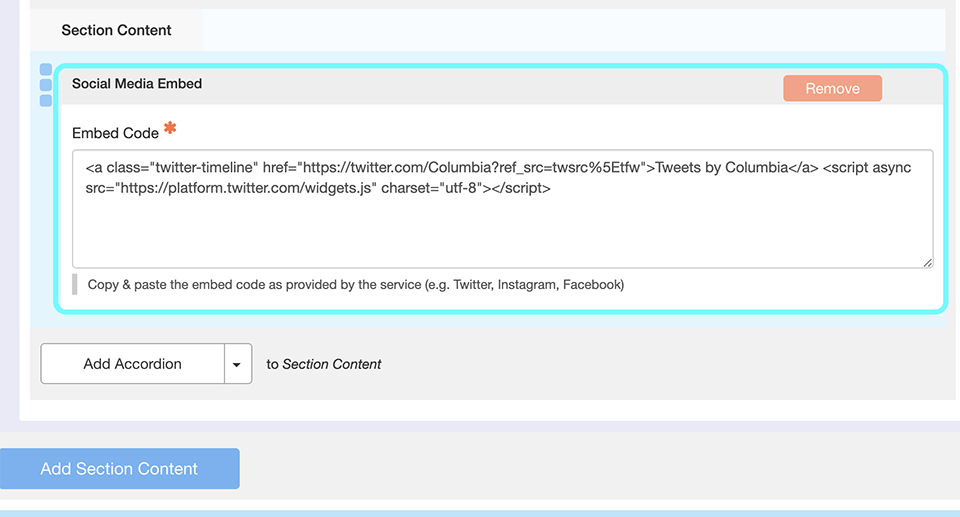 text displaying the social media embed code