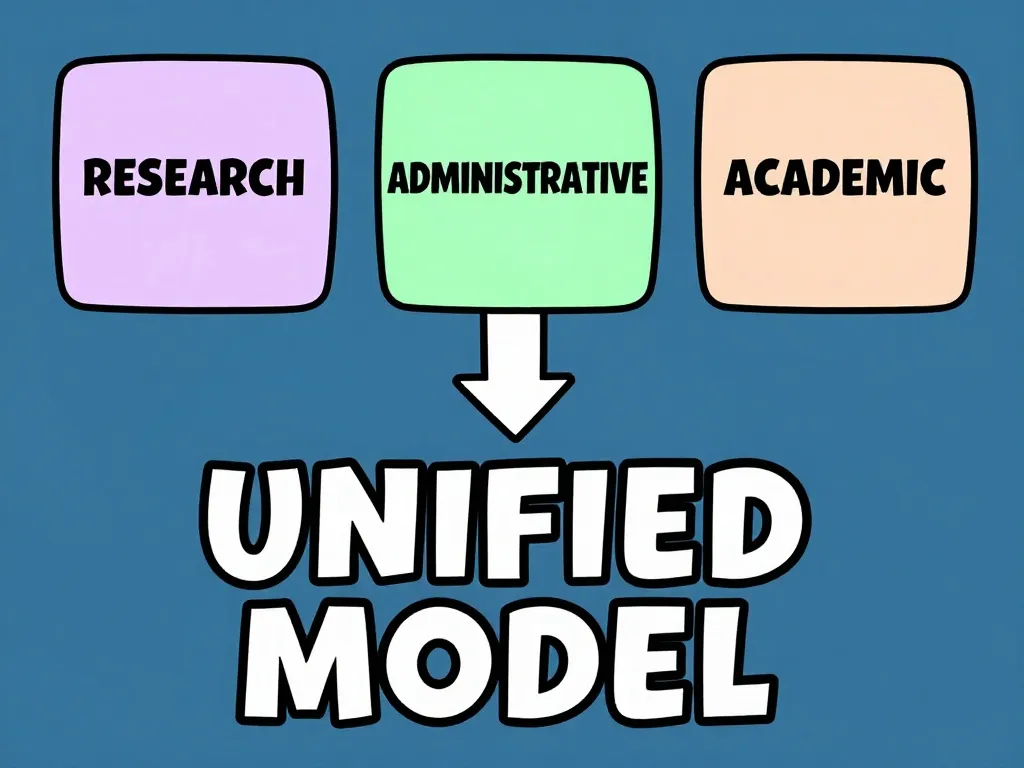 RESEARCH, ADMINISTRATIVE, ACADEMIC on top with an arrow pointing down to a unified model. 